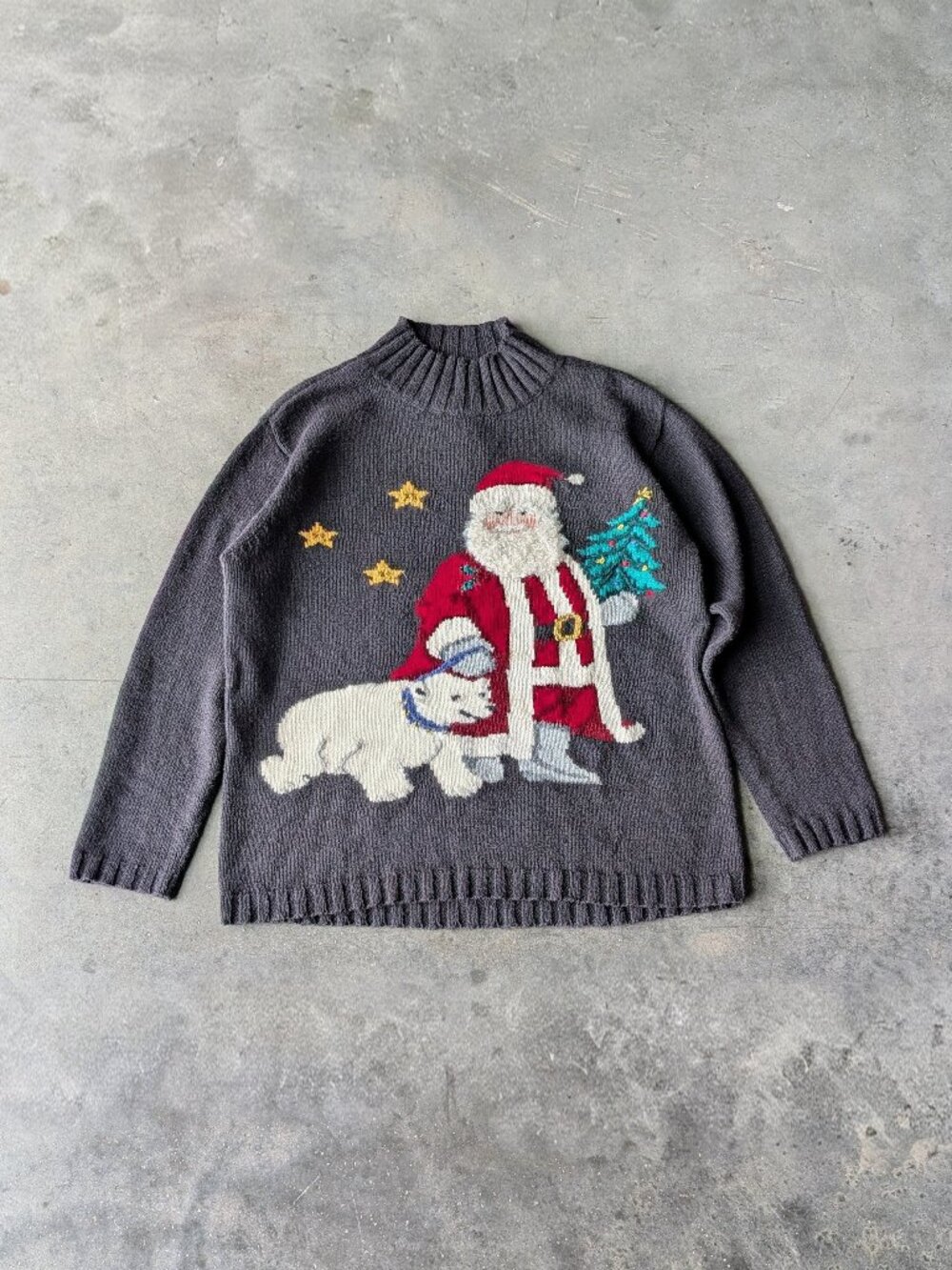 Vintage Talbots Christmas Santa Polar Bear Intarsia Knit Mockneck Sweater large
